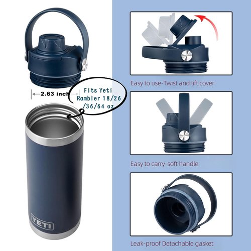 Lid for Yeti Rambler 26 36 46 64 oz Bottles, Screw Top with Flex Handle, Chug caps for Yeti Kids Jr 12 18 Ounce Cup, BPA Free Leakproof Cover, Replacement Water Bottle Accessories, Black