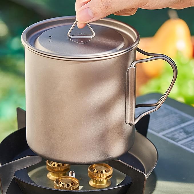 Titanium Camping Mug 400ml/13.5oz Lightweight Titanium Pot with Lid Foldable Handle Tea Cup Coffee for Outdoor Backpacking Hiking Traveling Picnic