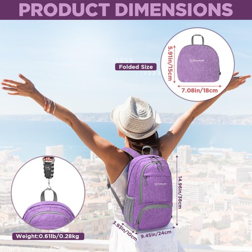 ZOMAKE Lightweight Packable Backpack 30L - Foldable Hiking Backpacks Water Resistant Compact Folding Daypack for Travel - Black&Light Purple