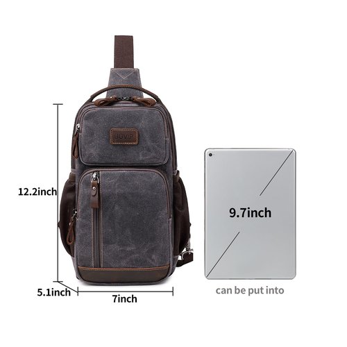 BOVIP Sling Bag for Men - Crossbody Chest Shoulder Bag Waterproof Waxed Canvas Sling Backpack - Casual Daypack for Travel, Black, Gray