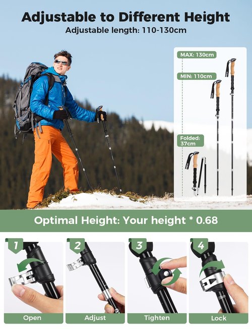 Gysrevi Trekking Poles, 7075 Aluminum Lightweight Folding Hiking Poles, 110-130cm Adjustable Height with Cork Grip Clip Closure 4 Pairs of Rubber Feet for Hiking