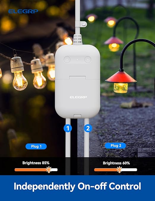 ELEGRP Outdoor Smart Dimmer Plug Waterproof IP66, Smart WiFi Plug with 2 Individually Sockets, Compatible with Alexa & Google Assistant, Outdoor Dimmer for String Lights, UL Listed, 1 Pack, Grey