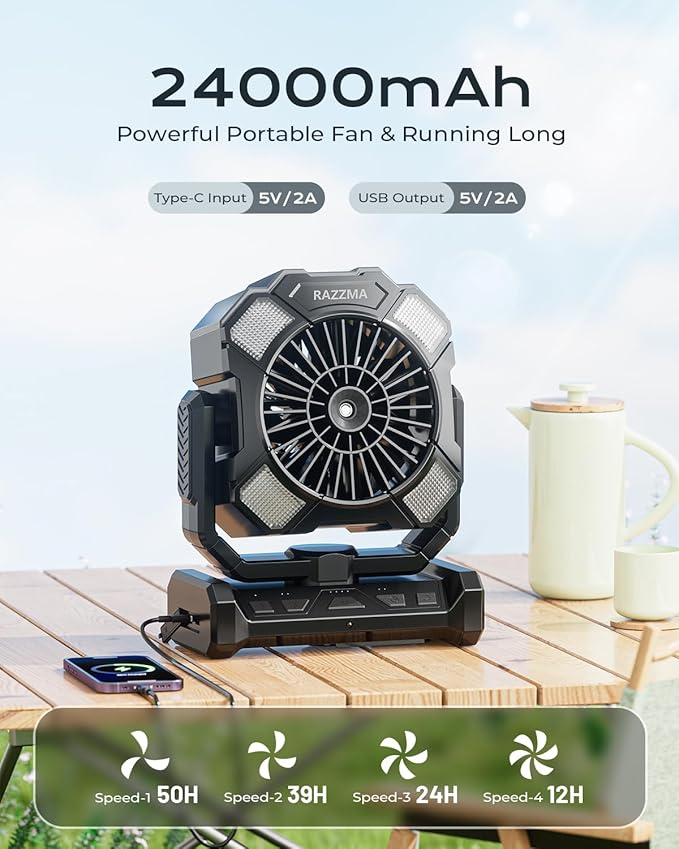 Portable Misting Fan, Camping Fans with Remote, 24000mAh Rechargeable Battery Cooling Fan for Outdoors Patios, Rechargeable Fans 270° Adjustable, Hanging & Lighting for Outdoor Indoor cooling