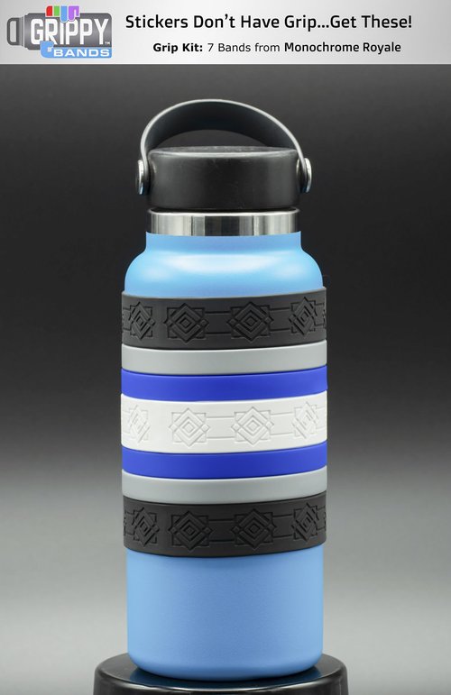 Colorful Water Bottle Grip Kit - MONOCHROME ROYALE: Regular - 12 Silicone Bands for Superior Grip, Style, & Protection - Arrange Them Your Own Way.
