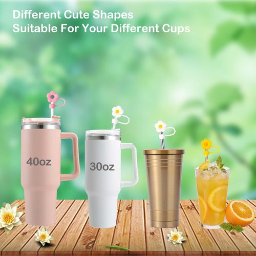 6pcs Flowers Straw Covers Toppers,for Stanley Water Bottles 30&40 Oz,0.4in/10mm Dust-Proof Straw Cap,Cute Silicone Suction Cup Accessories