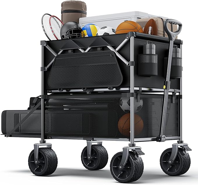 Foldable Wagon Cart,Everyfun 480Lbs Double Decker Wagon,Beach Carts with Big Wheels&Side Pocket&Dustbag,Large Capacity Folding Wagon for Shopping,Garden,Camping,Fish,New Wave Sports Wagon-Black