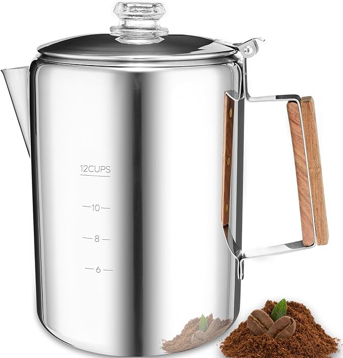 MEREZA Camping Percolator Coffee Pot 12 Cup Stove Top Coffee Percolator Non Electric Coffee Maker Camping Stainless Steel Coffee Pot Outdoors Home No Aluminum & Plastic Fast Brew
