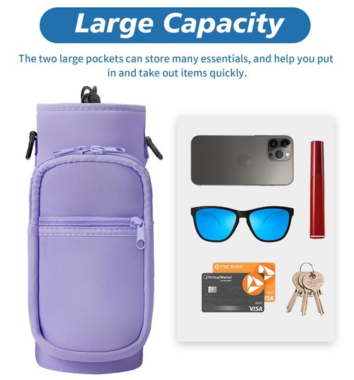 AceTreker 32 oz 40 oz Water Bottle Sling with 2 Pockets, Neoprene Water Bottle Holder with Strap, Sport Bottle Sleeve for Traveling, Walking, Camping-Purple