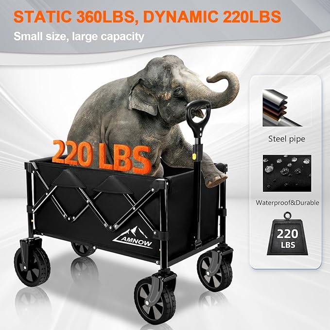 Collapsible Wagon Cart with Wheels Foldable, Folding Wagons Carts with Silent Universal Wheels, Large Grocery Cart On Wheels, Heavy Duty Utility for Shopping Beach Sports Fishing Camping, Black