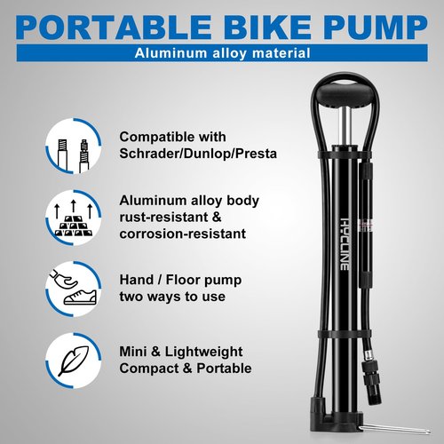 Hycline Mini Bike Pump with Gauge: 140 PSI Portable Bicycle Frame Pump for Road BMX MTB Tires - Aluminum Alloy Fork Pump for Presta Schrader Valves - Black