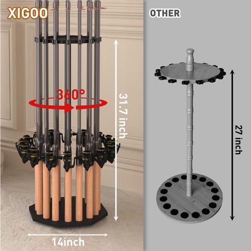 XIGOO Fishing Rod Holder Wood, Holds Up to 16 Rods or Combos, 360° Spinning Fishing Pole Holder for Garage, Fishing Gear Storage Organization, Fishing Accessories, Ideal Fishing Buddy Gift