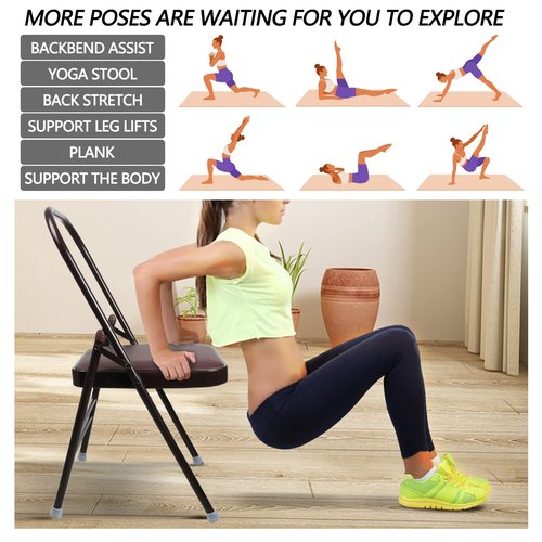Yoga Chair Set Yoga Auxiliary Chair Flexibility Strength Training Tool, Foldable Yoga Chair for Balance Training, with Figure S Resistance Belt, Chair Leg Cap, Brown