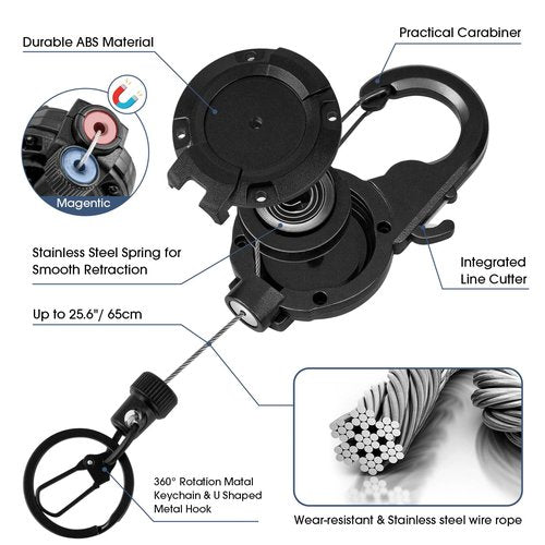 pasezenn Fly Fishing Zinger Retractor,26" Stainless Steel Wire Rope, with Integrated Line Cutter,360° Rotation Keychain & Carabiner Clip for Fly Fishing,Cycling,Hiking (2 PCS)