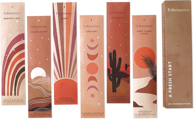 Folkulture Incense Sticks - Set of 6-120 Sticks, Palo Santo Incense Sticks, Sandalwood Incense Sticks, Lemongrass, Rose Geranium, Insense Sticks, Organic & Slow Burning Inscents