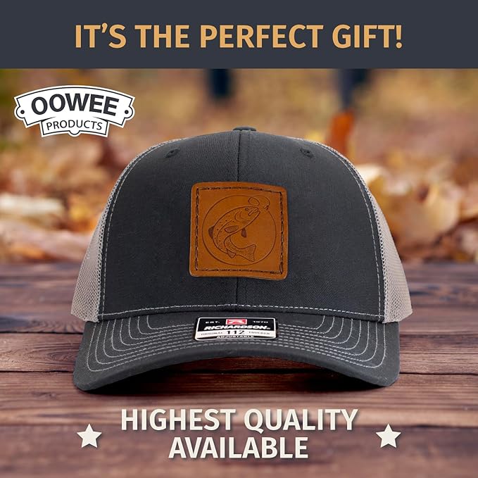 Leather Patch Hat for Men - Richardson 112 Trucker Hat w/Full-Grain Leather Patch, Laser-Engraved, Machine-Stitched