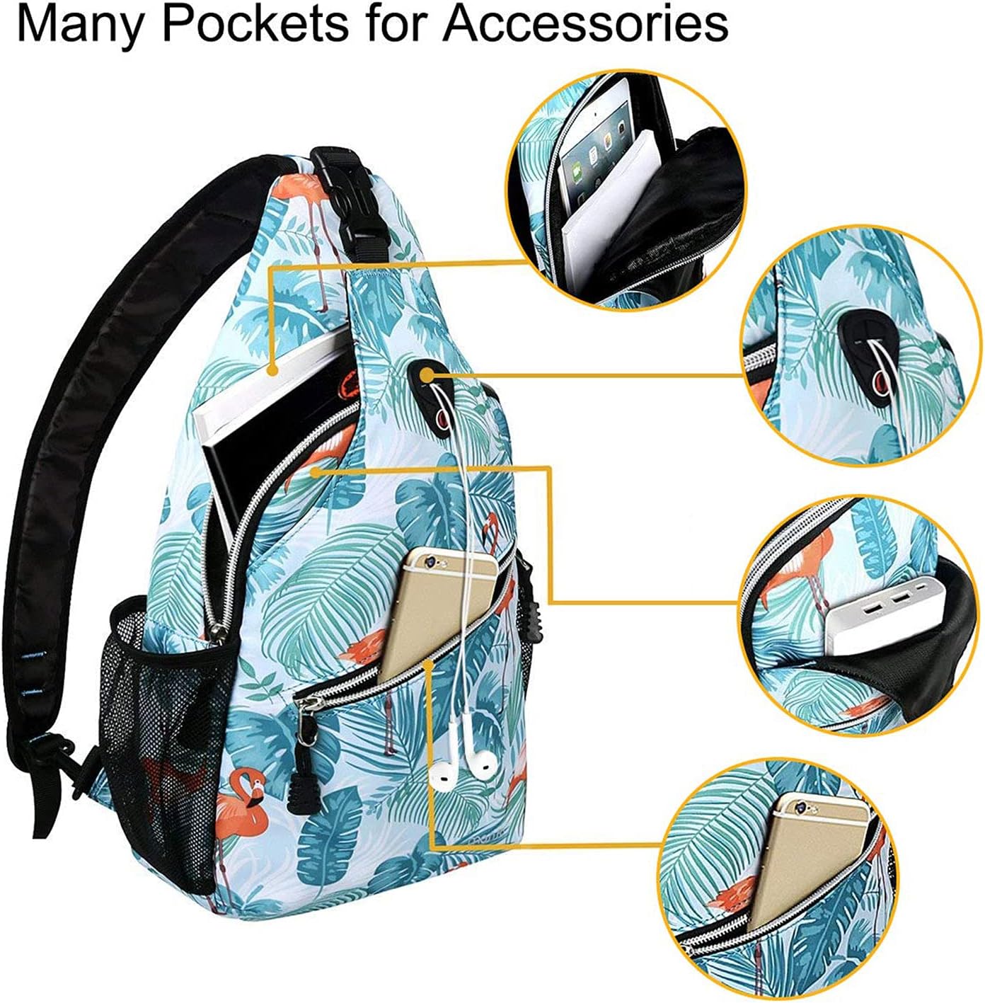 MOSISO Sling Backpack,Travel Hiking Daypack Pattern Rope Crossbody Shoulder Bag, Flamingo