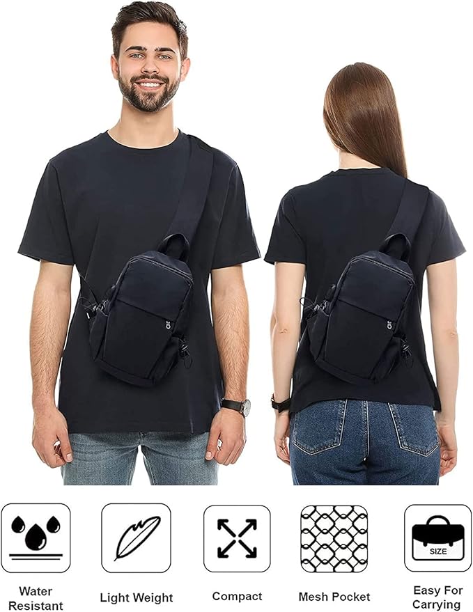 SEAFEW Small Black Sling Crossbody Backpack Shoulder Bag for Men Women, Lightweight One Strap Back Pack Sling Bag Backpack for Hiking Walking Biking Travel Cycling USB Charger Port-Nylon