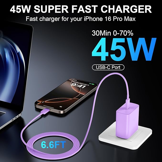 Phone 16 Pro Max Charger Fast Charging, 45W USB C Phone 16 Super Fast Charger Block with 6.6FT Long Type C Charging Cable Cord for Phone 16/16 Pro/16 ProMax/16 Plus, 15/15 ProMax/Pro/Plus,2pack purple