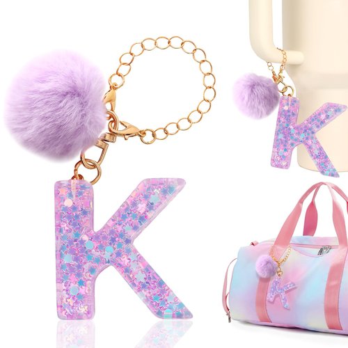 Rabrgab Letter Charm Accessories for Stanley Cup with Handle, Cute Initial Letter for Stanley Tumbler with Bling Charms Purple Pompom K