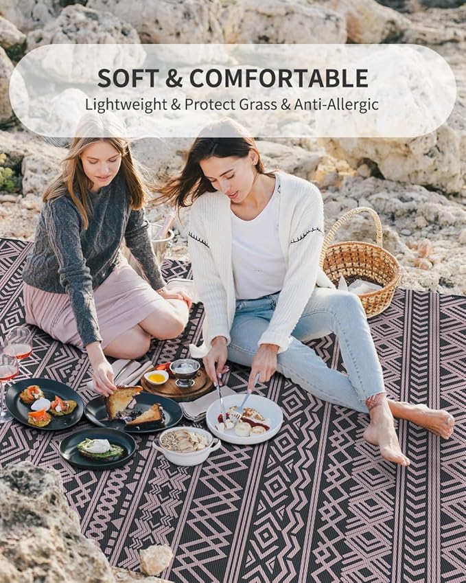 MontVoo Outdoor Rug Carpet Waterproof 5x8 Outdoor Patio Rug Mat Reverisble Plastic Straw Outdoor Rug for RV Camping Picnic Beach Balcony Boho Pink Grey