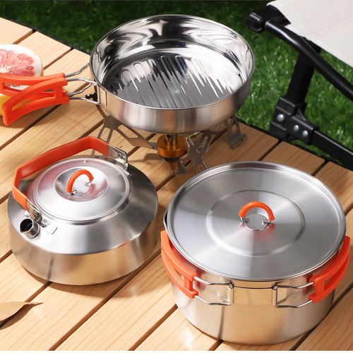Camping Cooking Set,Camping Cookware Set,304 Stainless Steel Camping Pots and Pans Set, Includes Pot Nonstick Frying Pan Kettle in Mesh Bag for Hiking Outdoor Cooking Backpacking for 1-2 People