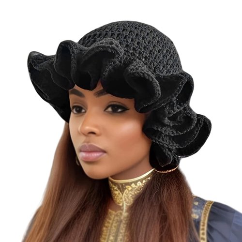 Eilova Orityle Women Crochet Bucket Hat Cute Winter Ruffled Brim Floppy Cap Handmade Knit Cloche Hats Cute Boho Beanie Skull Caps Black