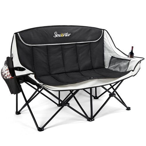 Seaonar Double Camping Chair for Adults Outdoor Folding Chair with 2 Cooler Bags Support 500lbs Heavy Duty Camp Chair for Outdoor Sports Beach - Black&Grey