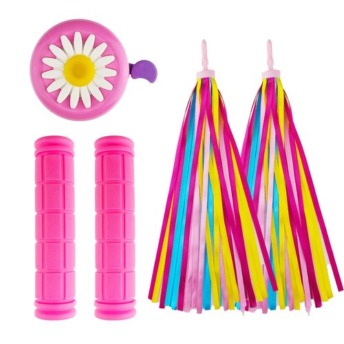 Miokun 1 Pair Bicycle Bike Handlebar Scooter Streamers,1 Pack Bike Bell and 1 Pair Bicycle Bike Grips (Pink Bell)