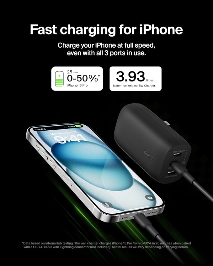 Belkin 3-Port USB C Charger Block w/PPS 67W, USB-C PD 3.1 Super Fast Charging - Samsung Galaxy S25, Apple iPhone 16, MacBook Pro, AirPods, Nintendo Switch 2, & Other PD Enabled Devices - Black
