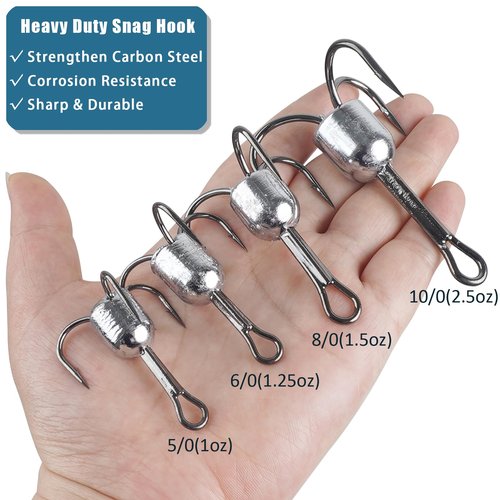 Snagging Hooks Large Weighted Treble Hooks Bunker Snag Hook with Weight for Trout Salmon Saltwater Fishing, 1oz-5/0 4pcs