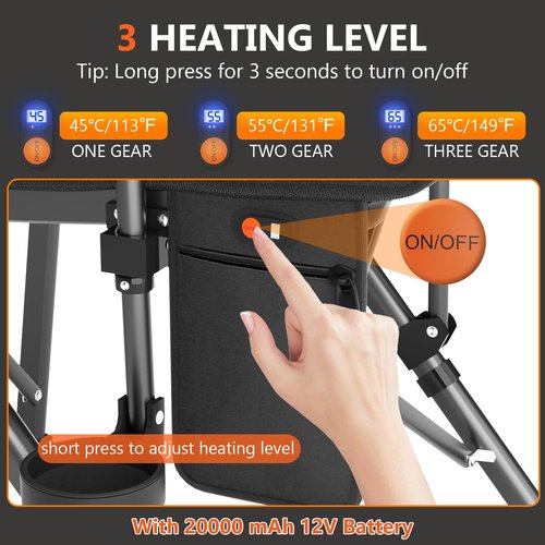 LVAOUO Heated Camping Chair with 20000mAh 12V Battery, 3 Heat Levels & 3-Zone Heating, Supports 600lbs - Portable Folding Chair for Camping, Fishing, Hiking, Lawn (Black)