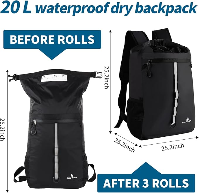 Dry Bag Backpack,20L Dry bags Waterproof Kayaking with Waist Pouch and Phone Case,Waterproof Backpack Marine dry bag for Kayaking,Beach,Rafting, Boating,Hiking,Camping and Fishing (Black)