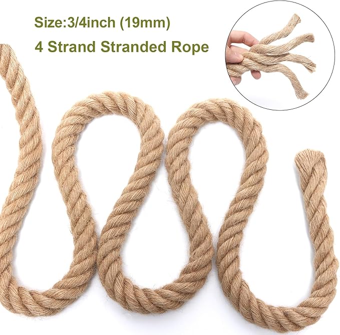 Heavy Duty Jute Rope - 3/4 Inch, 100 Feet, Natural Hemp for Crafts, Gardening, Bundling & Home Decor