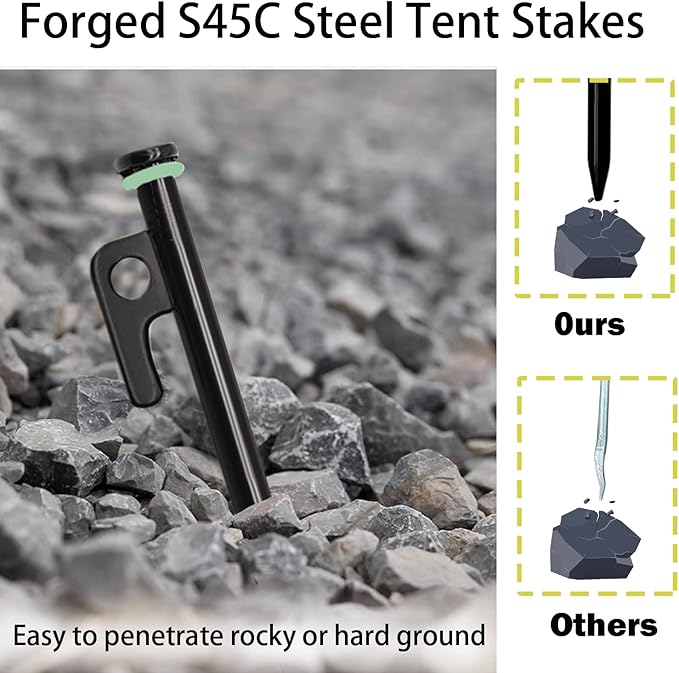 12 Pack Tent Stake with Hammer, 16in Heavy Duty Tent Stakes + 10in Camping Hammer+Storage Pouch, Forged Steel Tent Stakes for Camping Used on Rocks(12 Pack 16in Tent Stakes+Hammer