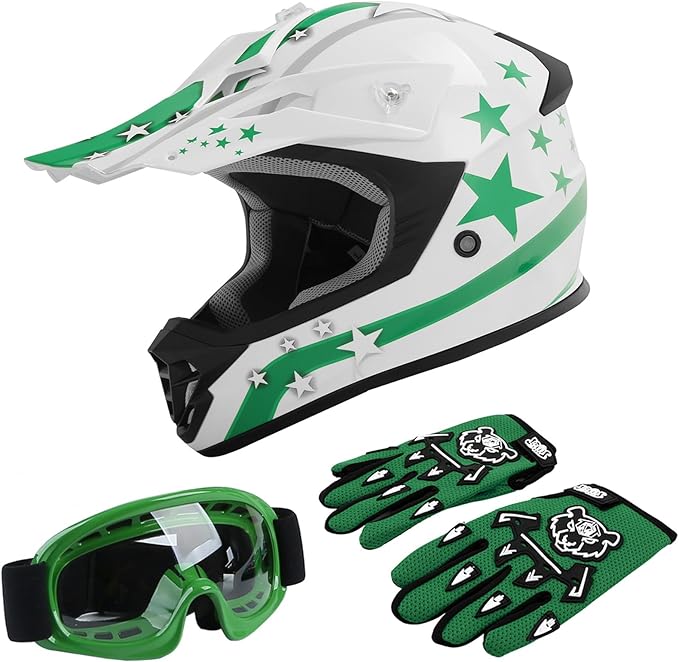 TCT-MOTORPARTS DOT Youth Kids Motocross ATV Helmets Offroad Street Dirt Bike Go-Kart BMX MX Full Face Helmet White w/Green Star Samll Size