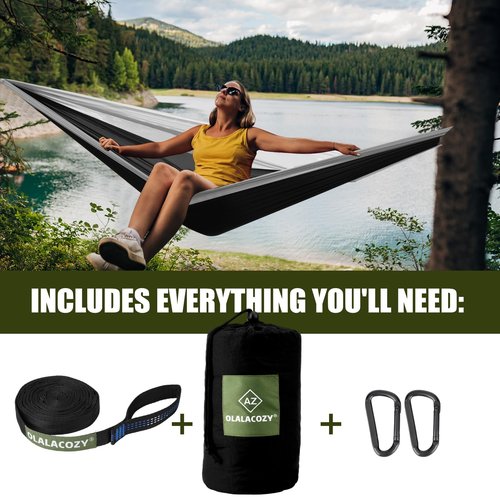 OLALACOZY Camping Hammock,Camping Essentials,Lightweight Portable Double & Single Hammock with Tree Straps, Camping Gear for Outside Hiking Camping Beach Backpack Travel, Black & Grey, Large