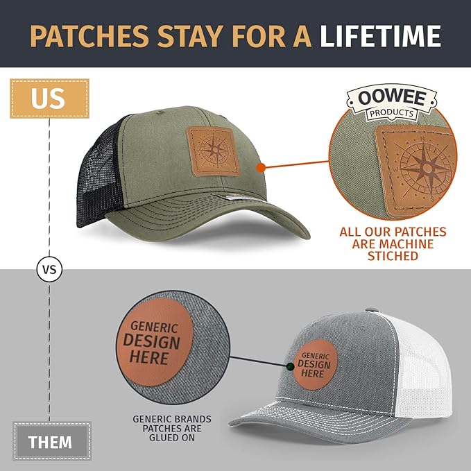 Leather Patch Hat for Men - Richardson 112 Trucker Hat w/Full-Grain Leather Patch, Laser-Engraved, Machine-Stitched