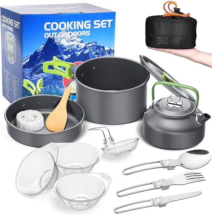 aiGear Camping Cookware Mess Kit, Non-Stick Camping Pan Pot Kettle, Lightweight Aluminum Camping Utensils, Collapsible Portable Camping Cooking Set for Outdoor Cooking Hiking Picnic