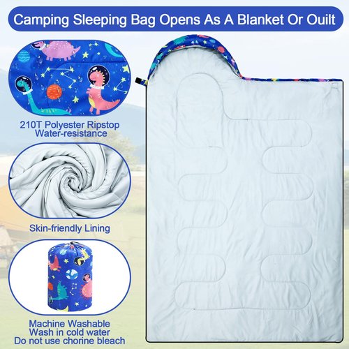 Camping Sleeping Bag for Kids 3 Season Warm Cool Cold Weather Waterproof Sleeping Sack for Boy Girl with Carry Bag Adult Travelling Outdoor Camping Gear Equipment(Space Dinosaur,Blue)