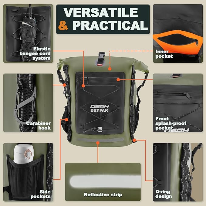 Waterproof Backpack Dry Bag 35L/55L – Heavy Duty Roll-Top Hiking Backpack for Travel, Kayaking, Boating, Camping, Rafting and Fishing