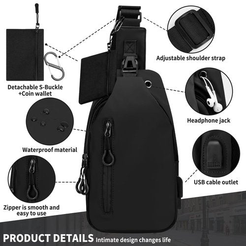 HOTEMIA Waterproof Sling Backpack for Men & Women, Small Crossbody Bag with USB Charging Port, Chest Bag, Fanny Pack for Hiking, Travel, and Outdoor Activities (B-Black)