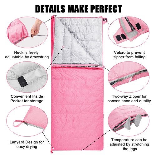 Down Sleeping Bag for Adults, Ultralight Wearable Sleeping Bag for Backpacking, Can Be Used as a Blanket or Mat (Pink)