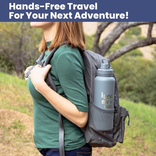 rubyloo The Original Doggy Bag Backpack (Dusty Pink) & 32 oz Insulated Water Bottle with Attached 8 oz Bowl (I Love My Dog) – Dog Travel Backpack & Hydration Set