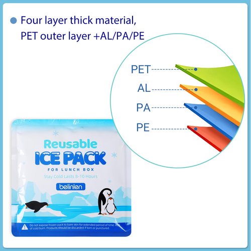 Belinlen 4 Pack Reusable Ice Packs for Lunch Boxes - 7x7 Inch Long-Lasting Freezer Packs, BPA-Free Gel & Leakproof Design Cold Packs for Cooler, Camping, Travel
