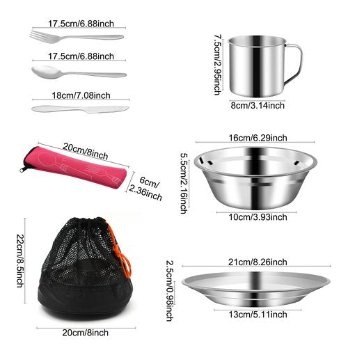 29pcs Stainless Steel Utensils Camping Tableware Kit with Bowls Plates Cups Forks Spoons and Knives for 4, Reusable Camping Flatware