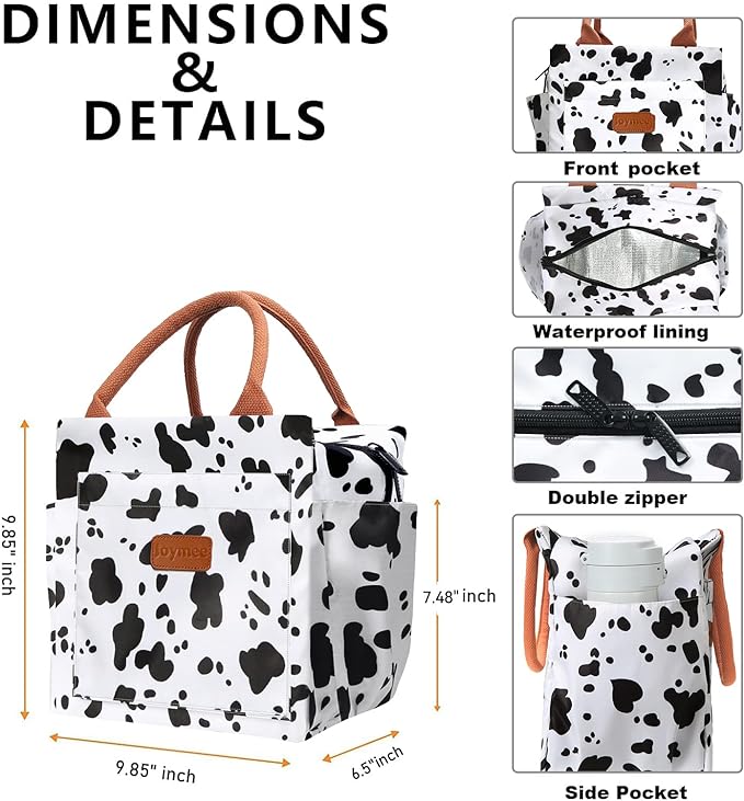 Joymee Lunch Bag Women Insulated Lunch Box Reusable Leakproof Large Spacious Cooler Tote for Womens Mens Adults with Bottle Holder and Side Pockets for Work Office Travel Picnic - Cow