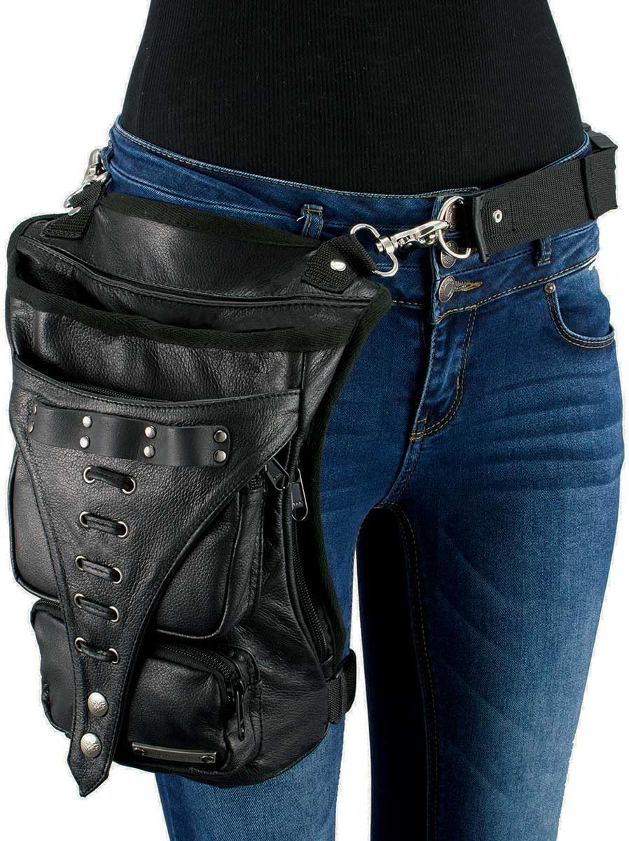 Milwaukee Leather MP8898 Black Leather Conceal and Carry Thigh Bag with Waist Belt