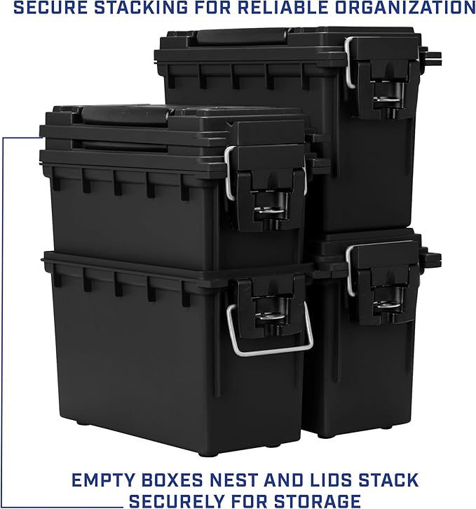 Sheffield 12790 2-Pack Ammo Storage Box, Stackable .30 Cal Field Boxes, Water and Dust Resistant, Lockable Storage Box with Handle, Secures Hunting Gear, Supplies, and Bullets, Made in The USA, Black