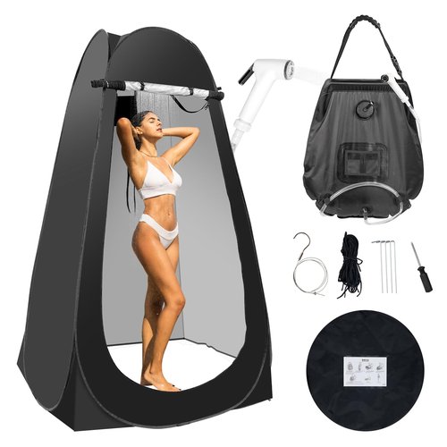 Portable Camping Bathroom Shower Tent Kit, Outdoor Pop Up Privacy Changing Tent with 5 Gallon Shower Bag-(Nozzle Upgraded)(Black)