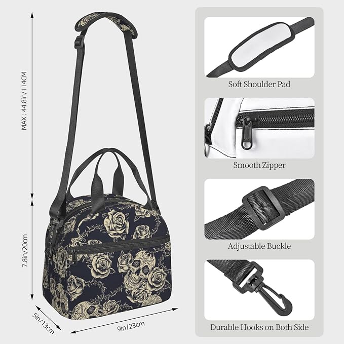 bassyil Skull Insulated Lunch Bag Reusable Lunch Box With Adjustable Shoulder Strap Cooler Tote Bag For Men Women